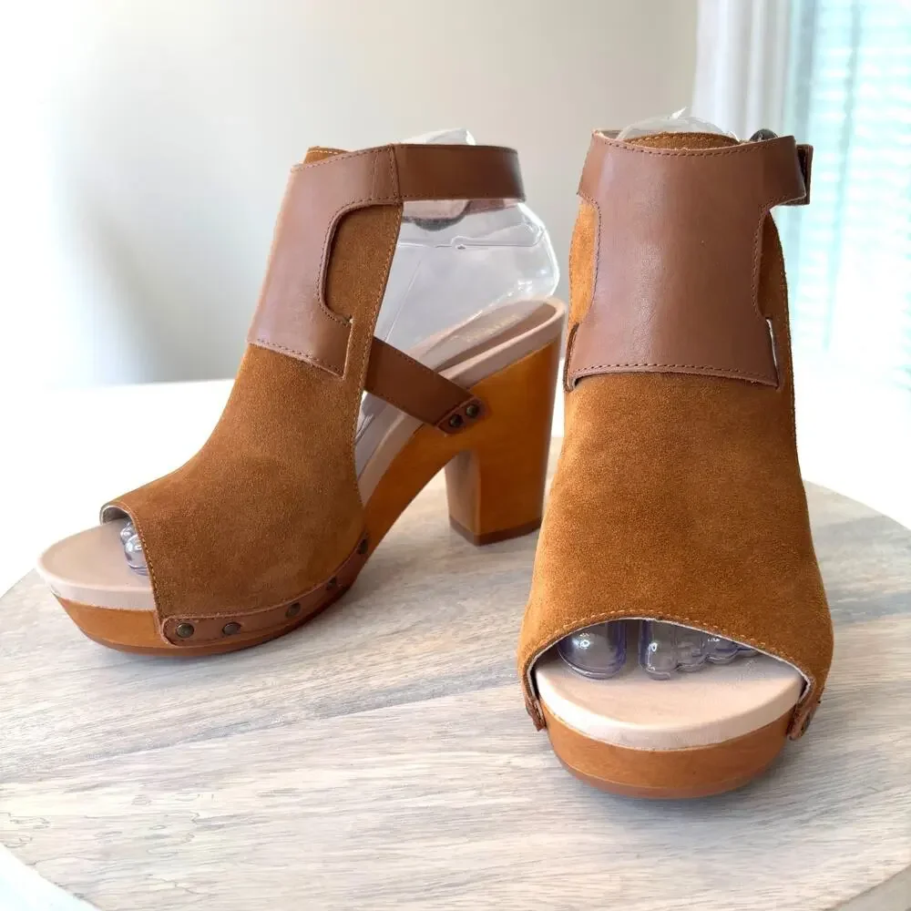 Jambu Handcrafted Suede Wood Platform Sandals Women's Size 8 Brown Peep Toe - Picture 3 of 13